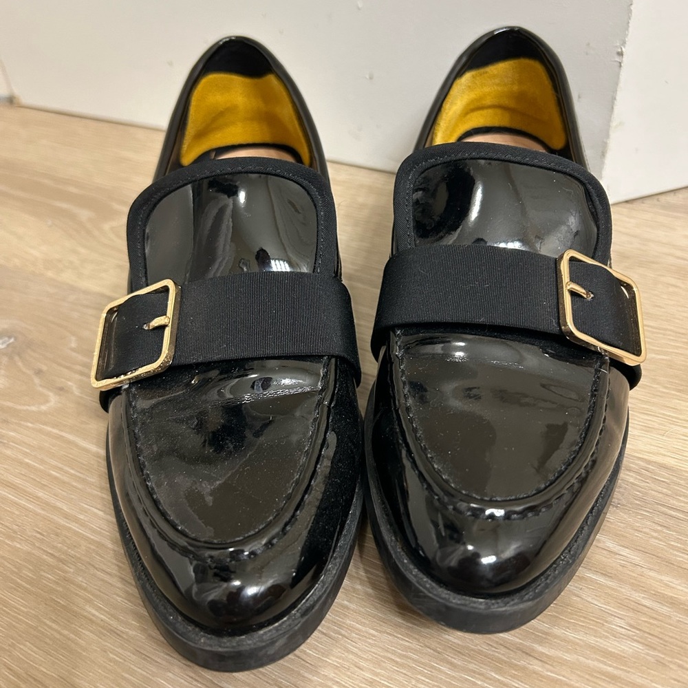 ZARA Vegan Patent Leather Loafers With Gold Buckle